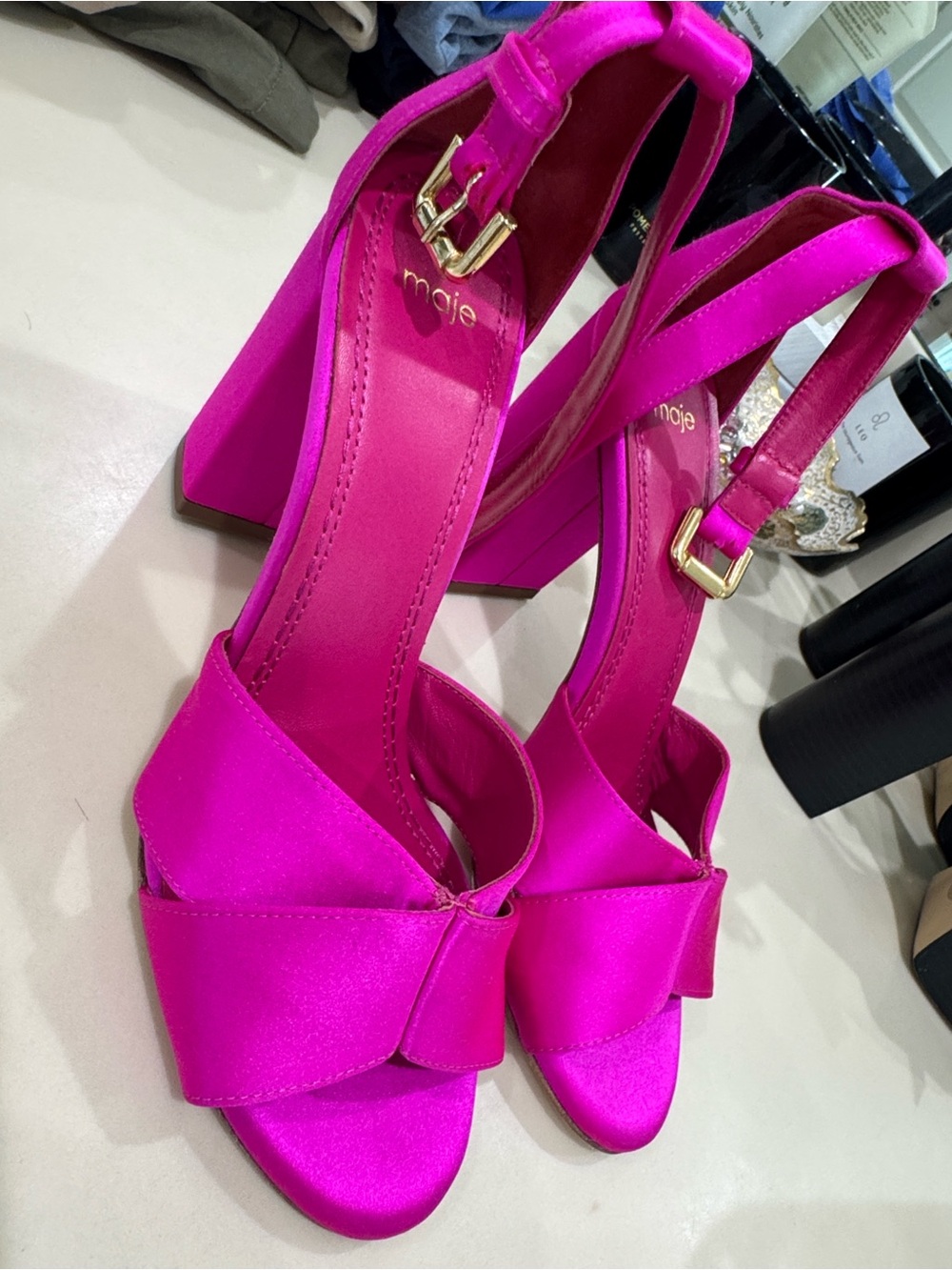 Maje Hot Pink Block Heel Sandals with Gold Buckle